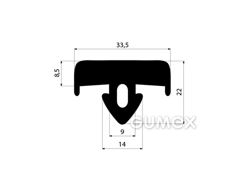 Gumový profil tvaru "T" s dutinkou, 22x33,5/14mm, 70°ShA, EPDM, -40°C/+100°C, čierny